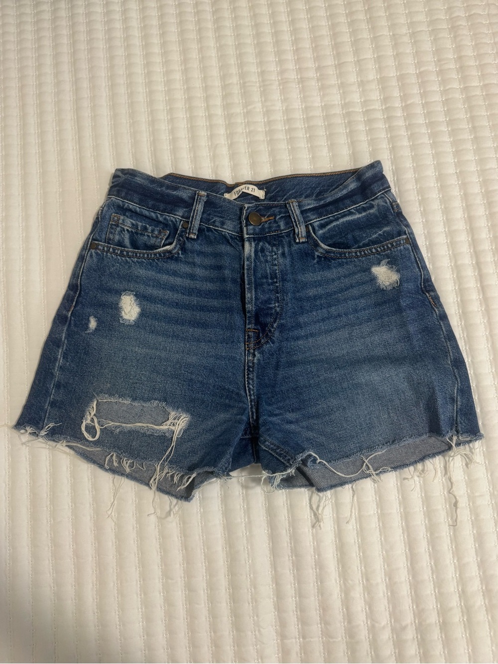 Forever 21 Distressed High-Rise Denim Shorts - Blue